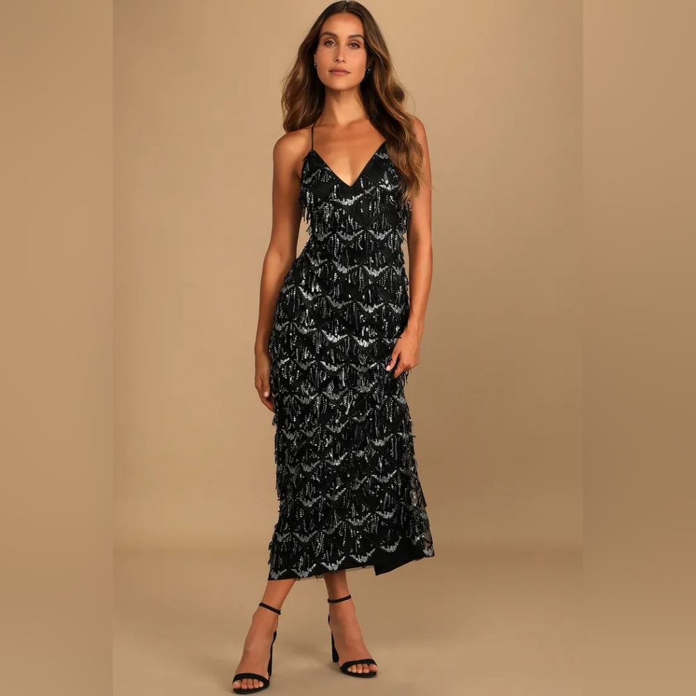 Lulu's Marvelous Moment Black Sequin Fringe Maxi Dress